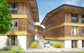 Visualisierung PlusEnergieBau Siedlung Alte Schmitte Güttingen mit Dach und Wand aus Holz