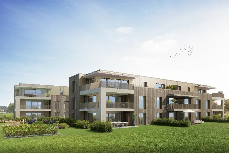 MFH Obstgarten Amriswil Modell Überbauung mit Holzfassade für EFH und MFH