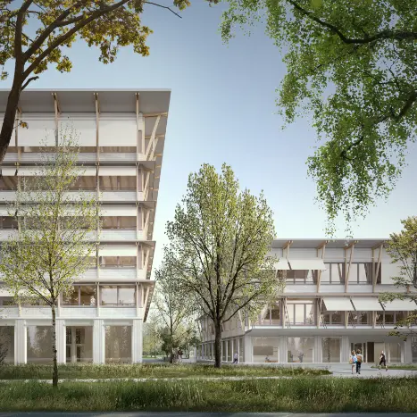 Visualisierung Aussenansicht zwei Gebäude Holz-Neubau Schulanlage Saatlen Zürich