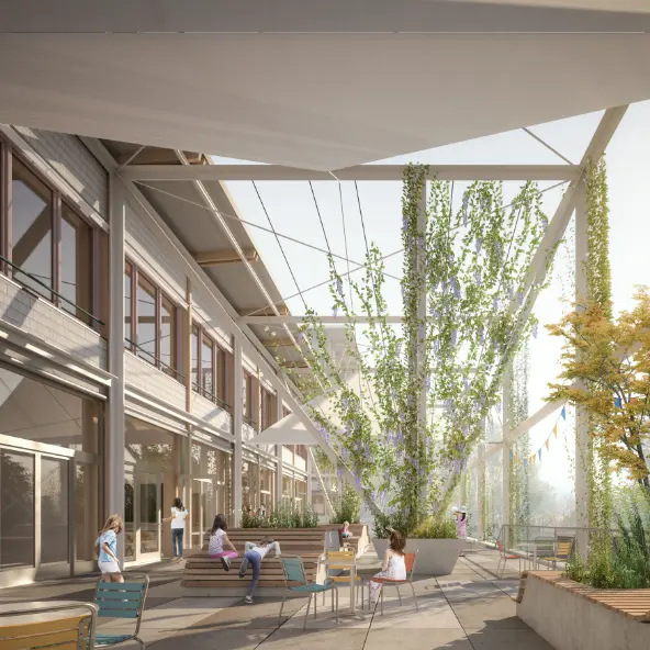 Visualisierung Terrasse Neubau Schulanlage Saatlen Zürich als Holzbau