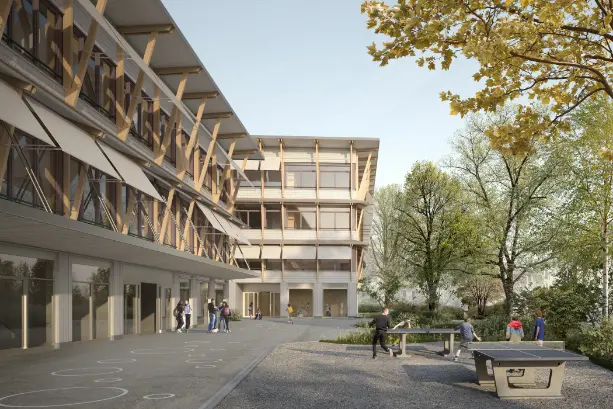 Visualisierung Park Neubau Schulanlage Saatlen Zürich als Holzbau