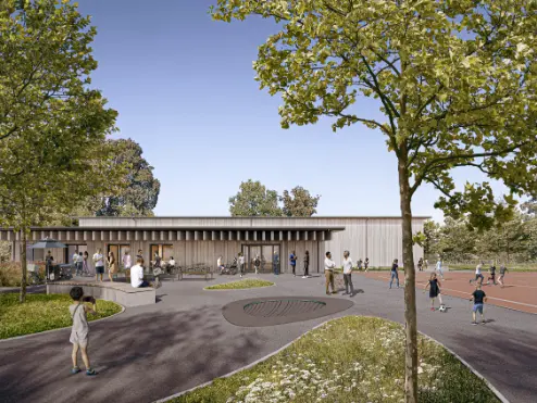 Neubau Sporthalle Sirnach Aussenbereich Visualisierung von Jens Gehrcken von Itten + Brechbühl AG