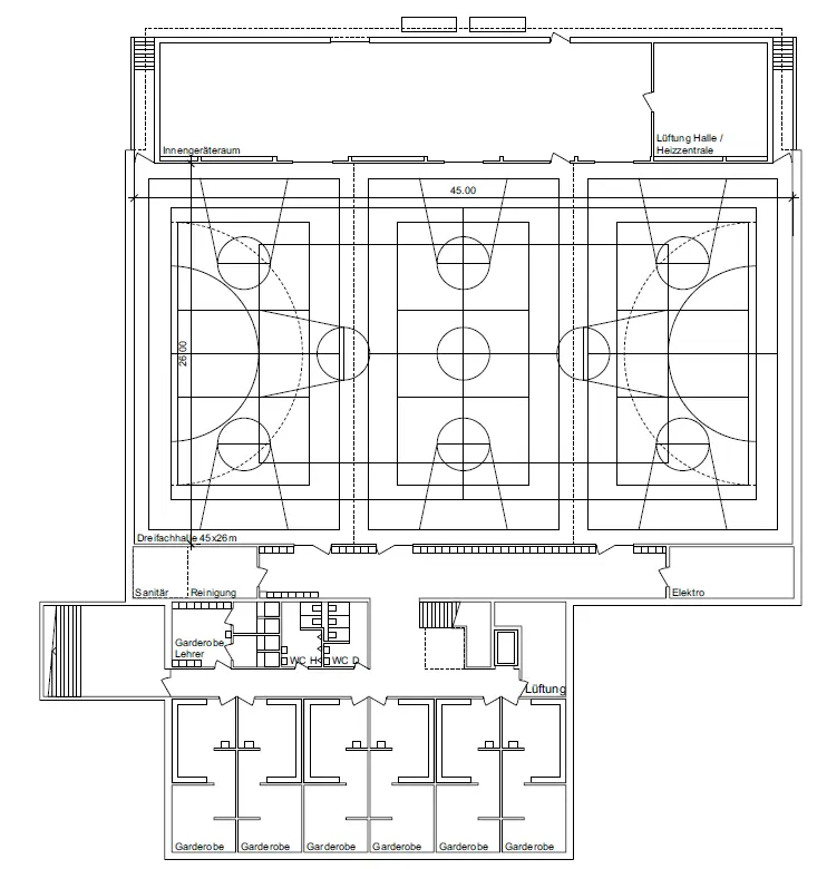neubau-sporthalle-sirnach-grundriss-ug-tu-projekt-krattiger-holzbau-ag-amriswil Grundriss des Untergeschosses des Neubau-Projekts Sporthalle Sirnach