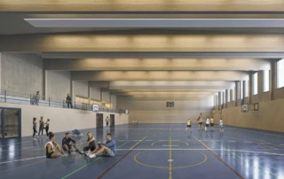 Neubau Sporthalle Sirnach Innenbereich Visualisierung von Jens Gehrcken von Itten + Brechbühl AG