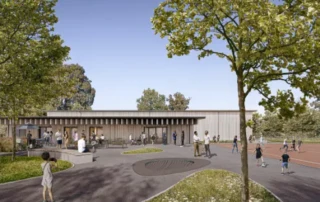 Neubau Sporthalle Sirnach Aussenbereich Visualisierung von Jens Gehrcken von Itten + Brechbühl AG