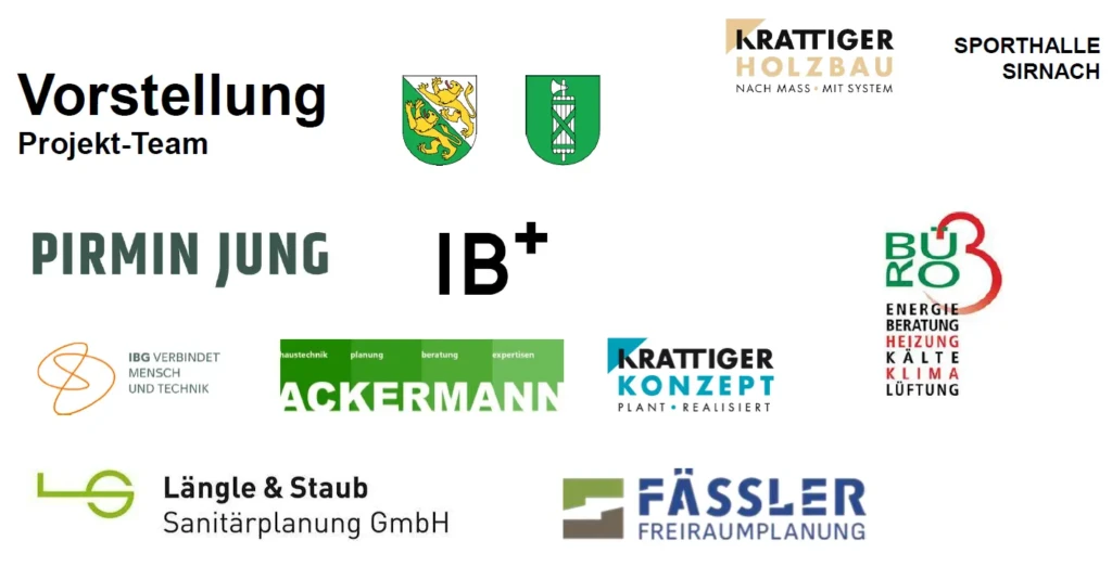sporthalle-sirnach-tu-submission-projektteam-logos-krattiger-holzbau-ag-amriswil Projektteam mit acht Firmen aus verschiedenen Fachbereichen für TU-Submission Neubau Sporthalle Sirnach unter Führung der Krattiger Holzbau AG Amriswil